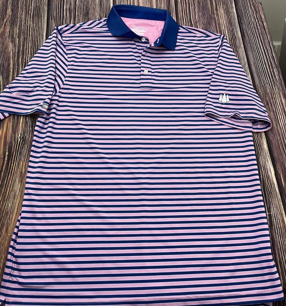 Straight Down Polo Shirt Mens XL Pink Striped Short Sleeve Logo Golf Performance
